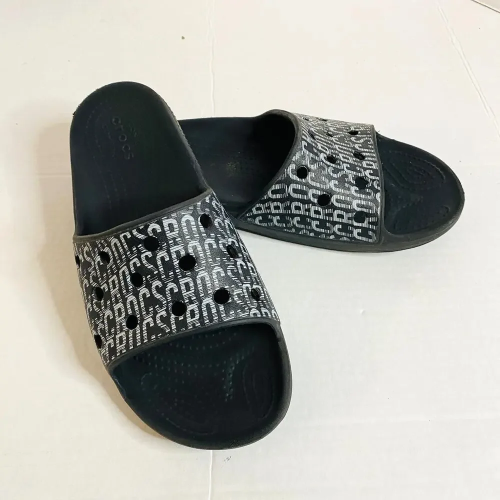 CROCS Black & White Logo Slides Comfort Slip On Shoe Sz J 5 Youth/Kids